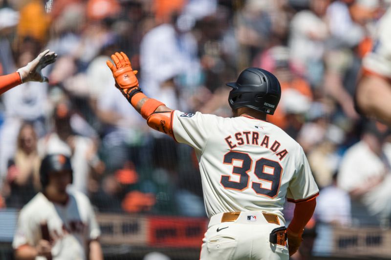 Apr 28, 2024; San Francisco, California, USA;  San Francisco Giants second baseman Thairo Estrada (39) reacts after hitting a solo home run against the Pittsburgh Pirates during the third inning at Oracle Park. Mandatory Credit: John Hefti-USA TODAY Sports