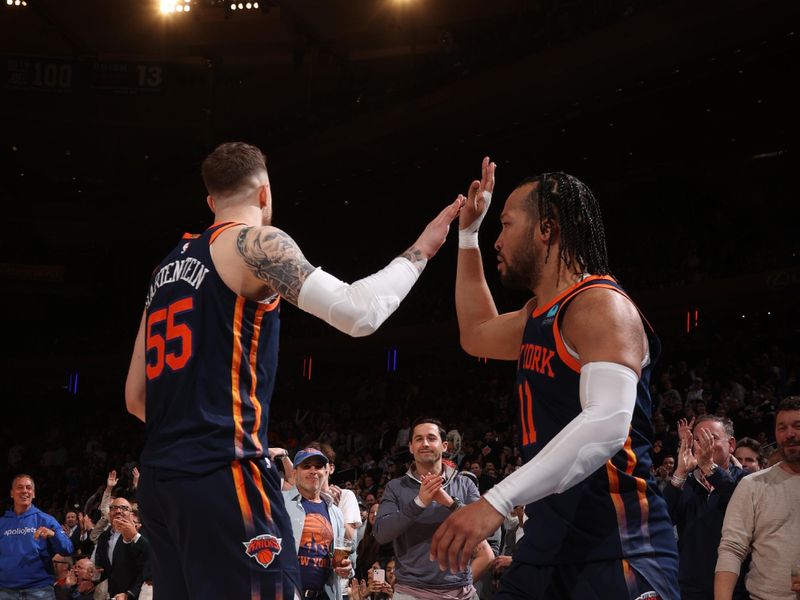 NEW YORK, NY - APRIL 4: Jalen Brunson #11 of the New York Knicks celebrates during the game against the Sacramento Kings on April 4, 2024 at Madison Square Garden in New York City, New York.  NOTE TO USER: User expressly acknowledges and agrees that, by downloading and or using this photograph, User is consenting to the terms and conditions of the Getty Images License Agreement. Mandatory Copyright Notice: Copyright 2024 NBAE  (Photo by Nathaniel S. Butler/NBAE via Getty Images)