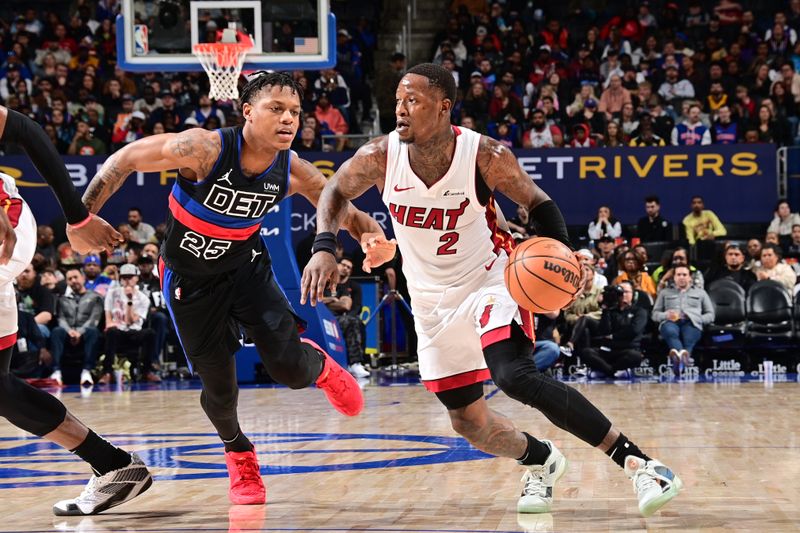 DETROIT, MI - MARCH 15: Terry Rozier #2 of the Miami Heat handles the ball during the game against the Detroit Pistons on March 15, 2024 at Little Caesars Arena in Detroit, Michigan. NOTE TO USER: User expressly acknowledges and agrees that, by downloading and/or using this photograph, User is consenting to the terms and conditions of the Getty Images License Agreement. Mandatory Copyright Notice: Copyright 2024 NBAE (Photo by Chris Schwegler/NBAE via Getty Images)