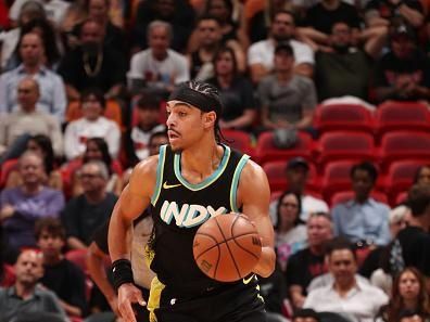 MIAMI, FL - DECEMBER 2: Andrew Nembhard #2 of the Indiana Pacers dribbles the ball during the game against the Miami Heat on December 2, 2023 at Kaseya Center in Miami, Florida. NOTE TO USER: User expressly acknowledges and agrees that, by downloading and or using this Photograph, user is consenting to the terms and conditions of the Getty Images License Agreement. Mandatory Copyright Notice: Copyright 2023 NBAE (Photo by Issac Baldizon/NBAE via Getty Images)