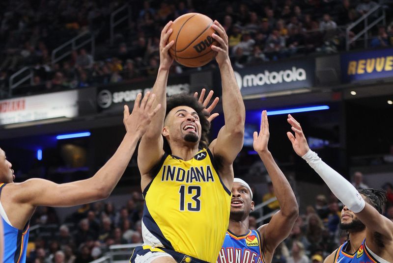 INDIANAPOLIS, INDIANA - MARCH 31:  Jordan Nwora #13 of the Indiana Pacers against the Oklahoma City Thunder at Gainbridge Fieldhouse on March 31, 2023 in Indianapolis, Indiana.    NOTE TO USER: User expressly acknowledges and agrees that, by downloading and/or using this photograph, User is consenting to the terms and conditions of the Getty Images License Agreement. (Photo by Andy Lyons/Getty Images)