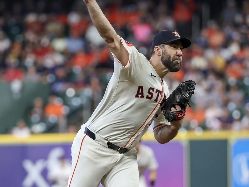 Aug 21, 2024; Houston, Texas, USA;  Houston Astros starting pitcher Justin Verlander (35) pitches against the Boston Red Sox in there second inning at Minute Maid Park. Mandatory Credit: Thomas Shea-USA TODAY Sports
