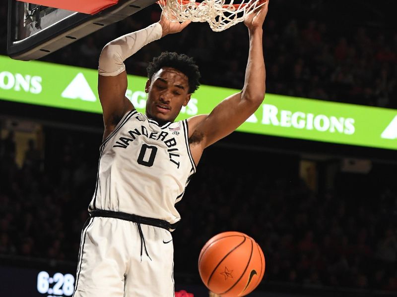 Feb 18, 2023; Nashville, Tennessee, USA; Vanderbilt Commodores guard Tyrin Lawrence (0) dunks the ball during the second half against the Auburn Tigers at Memorial Gymnasium. Mandatory Credit: Christopher Hanewinckel-USA TODAY Sports