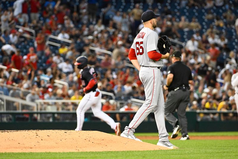 Aug 16, 2023; Washington, District of Columbia, USA; Boston Red Sox starting pitcher James Paxton (65) reacts after giving up a solo home run to Washington Nationals left fielder Stone Garrett (36) during the fourth inning at Nationals Park. Mandatory Credit: Brad Mills-USA TODAY Sports