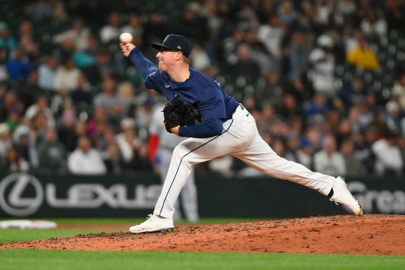 Jul 22, 2024; Seattle, Washington, USA; Seattle Mariners relief pitcher Trent Thornton (46) pitches to the Los Angeles Angels during the ninth inning at T-Mobile Park. Mandatory Credit: Steven Bisig-USA TODAY Sports