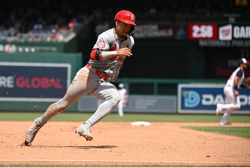 Jul 7, 2024; Washington, District of Columbia, USA; St. Louis Cardinals shortstop Masyn Winn (0) rounds third base on his way to score a run during the fifth inning against the Washington Nationals at Nationals Park. Mandatory Credit: Rafael Suanes-USA TODAY Sports