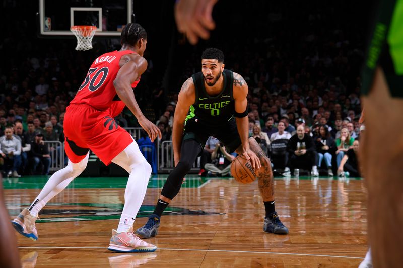 BOSTON, MA - NOVEMBER 16: Jayson Tatum #0 of the Boston Celtics dribbles the ball during the game against the Toronto Raptors on November 16, 2024 at TD Garden in Boston, Massachusetts. NOTE TO USER: User expressly acknowledges and agrees that, by downloading and/or using this Photograph, user is consenting to the terms and conditions of the Getty Images License Agreement. Mandatory Copyright Notice: Copyright 2024 NBAE (Photo by Brian Babineau/NBAE via Getty Images)