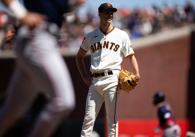 Jul 30, 2023; San Francisco, California, USA; San Francisco Giants pitcher Tyler Rogers (71) waits while Boston Red Sox second baseman Justin Turner (2) runs out his two-run home run during the eighth inning at Oracle Park. Mandatory Credit: D. Ross Cameron-USA TODAY Sports