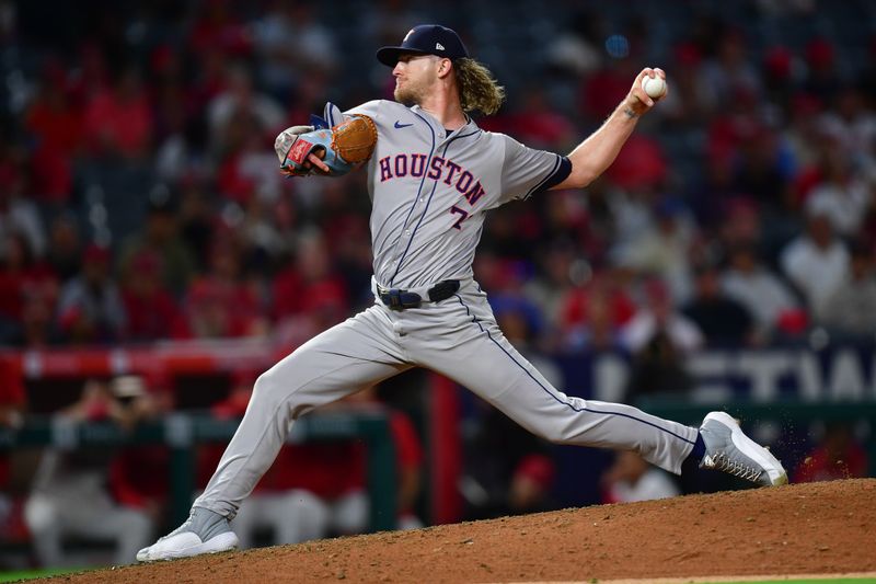 Sep 13, 2024; Anaheim, California, USA; Houston Astros pitcher Josh Hader (71) throws against the Los Angeles Angels during the ninth inning at Angel Stadium. Mandatory Credit: Gary A. Vasquez-Imagn Images