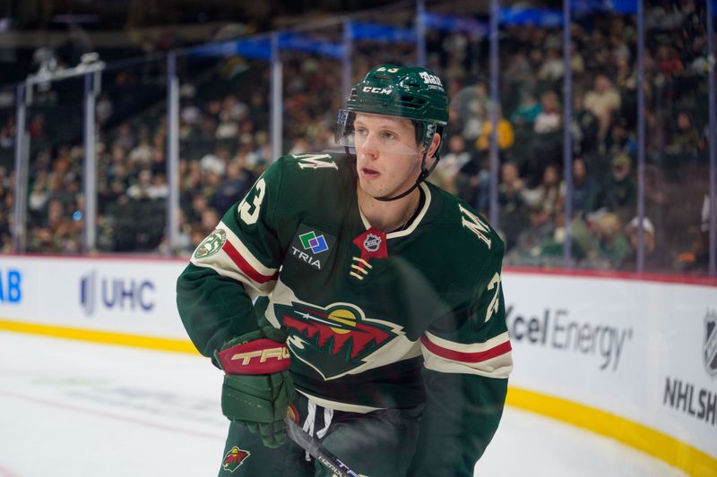 Sep 25, 2025; Saint Paul, Minnesota, USA; Minnesota Wild center Marco Rossi (23) in action against the Dallas Stars in the third period at Grand Casino Arena. Mandatory Credit: Matt Blewett-Imagn Images