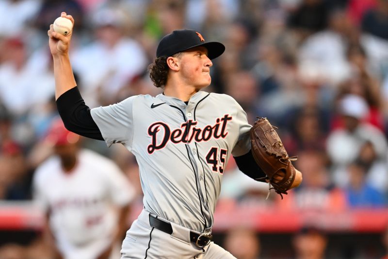 Jun 29, 2024; Anaheim, California, USA; Detroit Tigers pitcher Reese Olson (45) throws a pitch against the Los Angeles Angels during the first inning at Angel Stadium. Mandatory Credit: Jonathan Hui-USA TODAY Sports