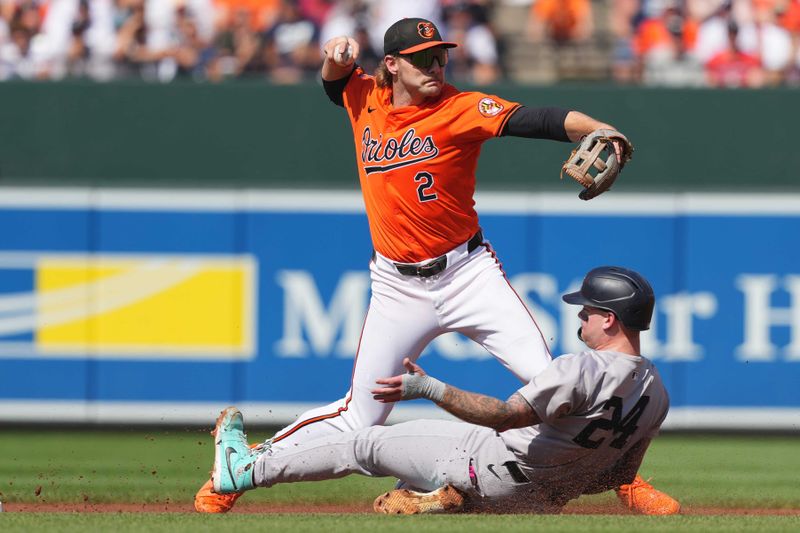 Jul 13, 2024; Baltimore, Maryland, USA; Baltimore Orioles shortstop Gunnar Henderson (2) forces out New York Yankees outfielder Alex Verdugo (24) in the first inning at Oriole Park at Camden Yards. Mandatory Credit: Mitch Stringer-USA TODAY Sports