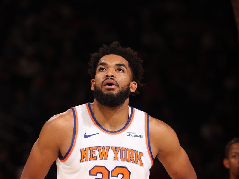 NEW YORK, NY - NOVEMBER 13: Karl-Anthony Towns #32 of the New York Knicks looks on during the game against the Chicago Bulls on November 13, 2024 at Madison Square Garden in New York City, New York.  NOTE TO USER: User expressly acknowledges and agrees that, by downloading and or using this photograph, User is consenting to the terms and conditions of the Getty Images License Agreement. Mandatory Copyright Notice: Copyright 2024 NBAE  (Photo by Joe Murphy/NBAE via Getty Images)