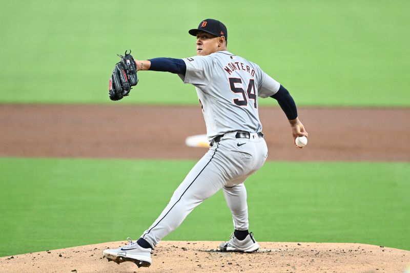 Sep 4, 2024; San Diego, California, USA; Detroit Tigers starting pitcher Keider Montero (54) pitches during the first inning against the Detroit Tigers at Petco Park. Mandatory Credit: Denis Poroy-Imagn Images