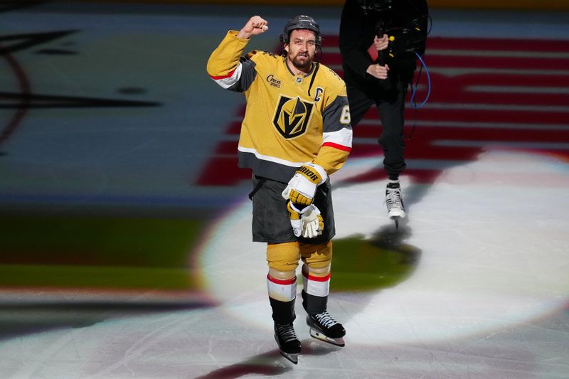 Apr 29, 2025; Las Vegas, Nevada, USA; Vegas Golden Knights right wing Mark Stone (61) is named Third Star of the Game after the Golden Knights defeated the Minnesota Wild during an overtime period 3-2 in game five of the first round of the 2025 Stanley Cup Playoffs at T-Mobile Arena. Mandatory Credit: Stephen R. Sylvanie-Imagn Images