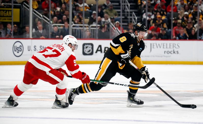 Apr 11, 2024; Pittsburgh, Pennsylvania, USA; Pittsburgh Penguins left wing Michael Bunting (8) moves the puck against Detroit Red Wings left wing David Perron (57) during the third period at PPG Paints Arena. Pittsburgh won 6-5 in overtime. Mandatory Credit: Charles LeClaire-USA TODAY Sports