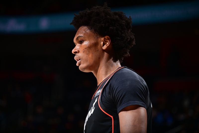 DETROIT, MI - JANUARY 27: Ausar Thompson #9 of the Detroit Pistons looks on during the game against the Washington Wizards on January 27, 2024 at Little Caesars Arena in Detroit, Michigan. NOTE TO USER: User expressly acknowledges and agrees that, by downloading and/or using this photograph, User is consenting to the terms and conditions of the Getty Images License Agreement. Mandatory Copyright Notice: Copyright 2024 NBAE (Photo by Chris Schwegler/NBAE via Getty Images)