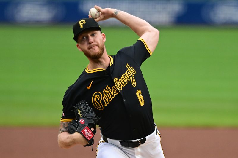 May 3, 2025; Pittsburgh, Pennsylvania, USA; Pittsburgh Pirates starting pitcher Bailey Falter (6) throws a pitch during the first inning against the San Diego Padres at PNC Park. Mandatory Credit: David Dermer-Imagn Images