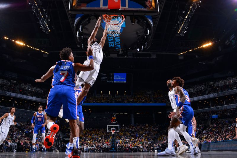 BROOKLYN, NY - MARCH 5: Mikal Bridges #1 of the Brooklyn Nets dunks the ball during the game against the Philadelphia 76ers on March 5, 2024 at Barclays Center in Brooklyn, New York. NOTE TO USER: User expressly acknowledges and agrees that, by downloading and or using this Photograph, user is consenting to the terms and conditions of the Getty Images License Agreement. Mandatory Copyright Notice: Copyright 2024 NBAE (Photo by Jesse D. Garrabrant/NBAE via Getty Images)