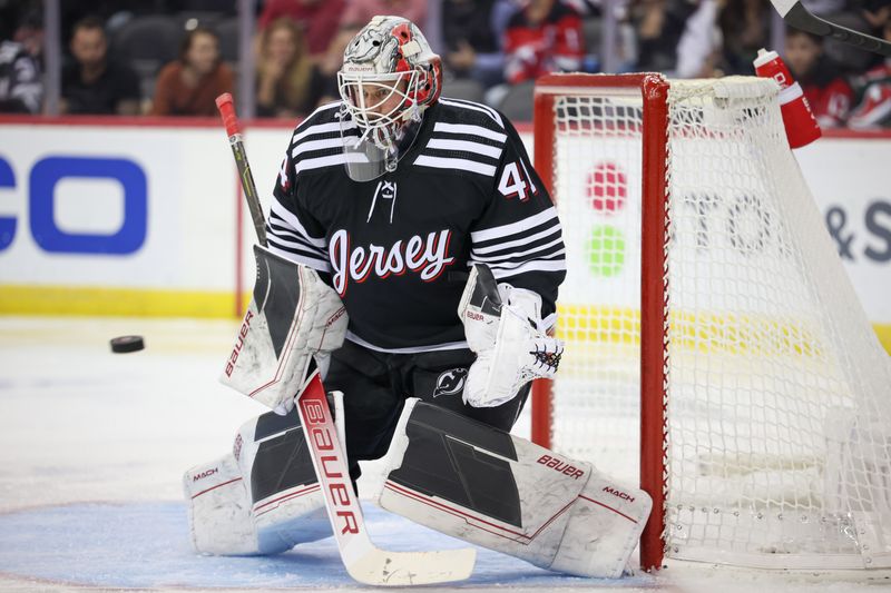 Oct 27, 2023; Newark, New Jersey, USA; New Jersey Devils goaltender Vitek Vanecek (41) makes a save during the second period against the Buffalo Sabres at Prudential Center. Mandatory Credit: Vincent Carchietta-USA TODAY Sports