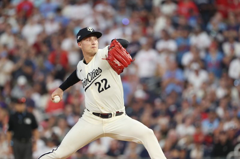 Oct 3, 2023; Minneapolis, Minnesota, USA; Minnesota Twins relief pitcher Griffin Jax (22) delivers pitch in the in the eighth inning against the Toronto Blue Jays during game one of the Wildcard series for the 2023 MLB playoffs at Target Field. Mandatory Credit: Jesse Johnson-USA TODAY Sports