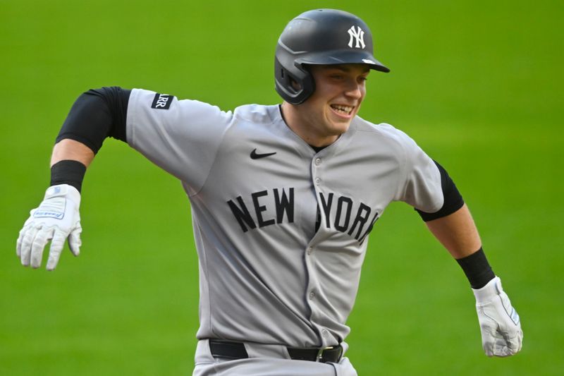 Apr 22, 2025; Cleveland, Ohio, USA; New York Yankees designated hitter Ben Rice (22) celebrates his solo home run in the first inning against the Cleveland Guardians at Progressive Field. Mandatory Credit: David Richard-Imagn Images