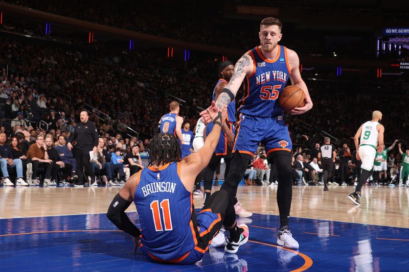 NEW YORK, NY - FEBRUARY 24: Isaiah Hartenstein #55 and Jalen Brunson #11 of the New York Knicks look on during the game against the Boston Celtics on February 24, 2024 at Madison Square Garden in New York City, New York.  NOTE TO USER: User expressly acknowledges and agrees that, by downloading and or using this photograph, User is consenting to the terms and conditions of the Getty Images License Agreement. Mandatory Copyright Notice: Copyright 2024 NBAE  (Photo by Nathaniel S. Butler/NBAE via Getty Images)