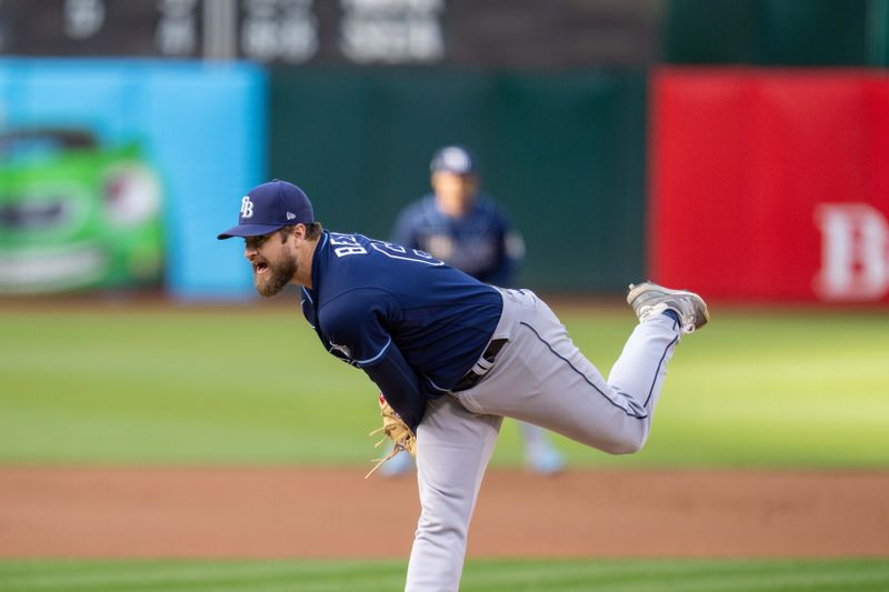 Jun 13, 2023; Oakland, California, USA; Tampa Bay Rays relief pitcher Jalen Beeks (68) delivers a pitch against the Oakland Athletics during the first inning at Oakland-Alameda County Coliseum. Mandatory Credit: Neville E. Guard-USA TODAY Sports