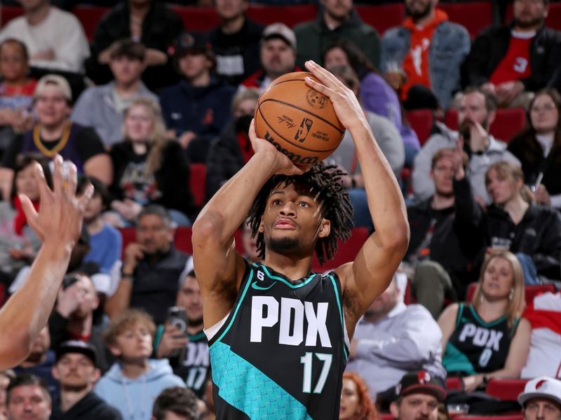 PORTLAND, OR - MARCH 27:  Shaedon Sharpe #17 of the Portland Trail Blazers shoots the ball against the New Orleans Pelicans on March 27, 2023 at the Moda Center Arena in Portland, Oregon. NOTE TO USER: User expressly acknowledges and agrees that, by downloading and or using this photograph, user is consenting to the terms and conditions of the Getty Images License Agreement. Mandatory Copyright Notice: Copyright 2023 NBAE (Photo by Cameron Browne/NBAE via Getty Images)