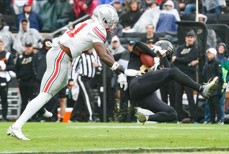 Oct 14, 2023; West Lafayette, Indiana, USA;  Purdue Boilermakers wide receiver TJ Sheffield (8) catches a pass against Ohio State Buckeyes running back Evan Pryor (21) during the second half at Ross-Ade Stadium. Mandatory Credit: Robert Goddin-USA TODAY Sports