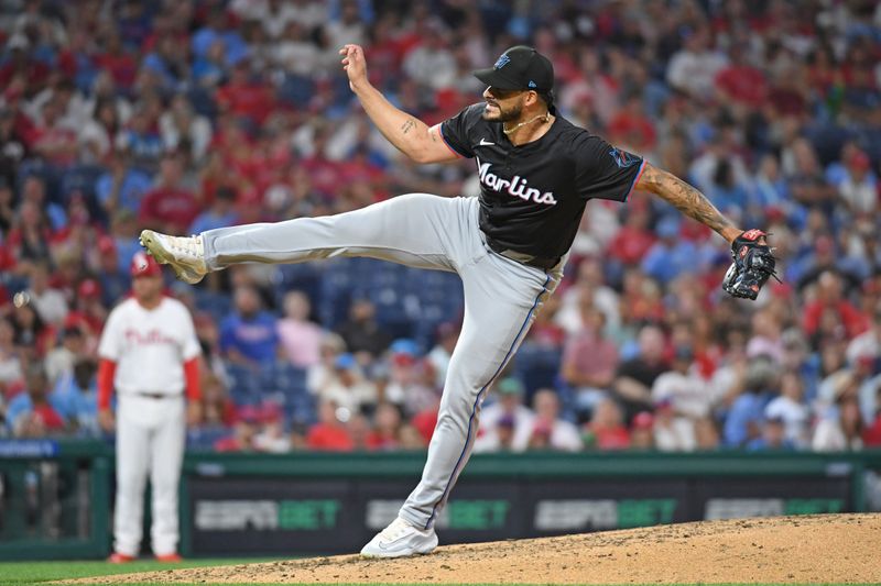 Aug 13, 2024; Philadelphia, Pennsylvania, USA; Miami Marlins pitcher Jesus Tinoco (38) throws a pitch during the eighth inning against the Philadelphia Phillies at Citizens Bank Park. Mandatory Credit: Eric Hartline-USA TODAY Sports