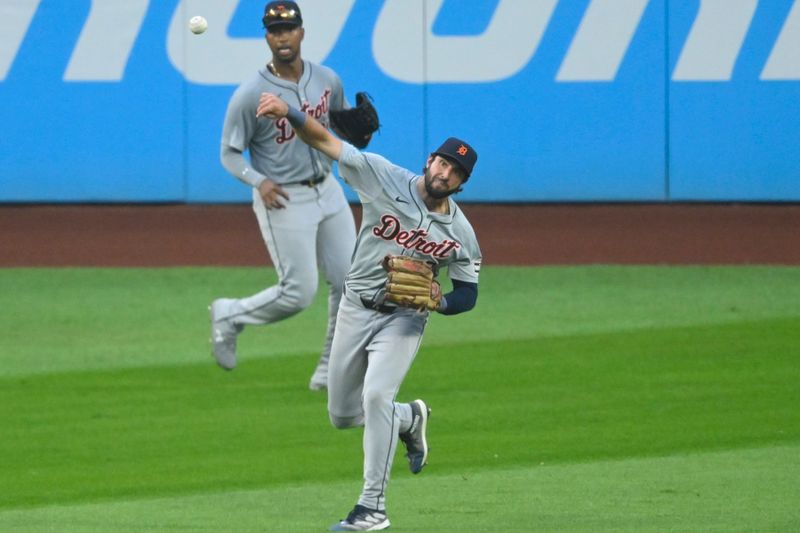 Jul 23, 2024; Cleveland, Ohio, USA; Detroit Tigers center field Matt Vierling (8) throws to the infield in the sixth inning against the Cleveland Guardians at Progressive Field. Mandatory Credit: David Richard-USA TODAY Sports