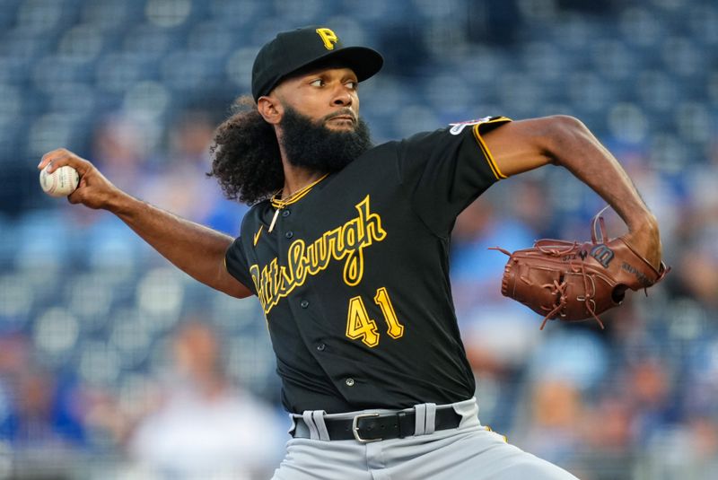 Aug 30, 2023; Kansas City, Missouri, USA; Pittsburgh Pirates starting pitcher Andre Jackson (41) pitches during the first inning against the Kansas City Royals at Kauffman Stadium. Mandatory Credit: Jay Biggerstaff-USA TODAY Sports