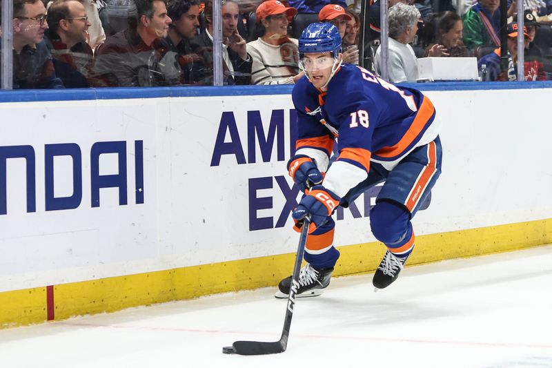 Oct 29, 2024; Elmont, New York, USA;  New York Islanders left wing Pierre Engvall (18) chases the puck in the second period against the Anaheim Ducks at UBS Arena. Mandatory Credit: Wendell Cruz-Imagn Images