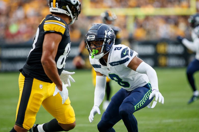 Seattle Seahawks cornerback Coby Bryant (8) defends during a preseason NFL football game, Saturday, Aug. 13, 2022, in Pittsburgh, PA. (AP Photo/Matt Durisko)