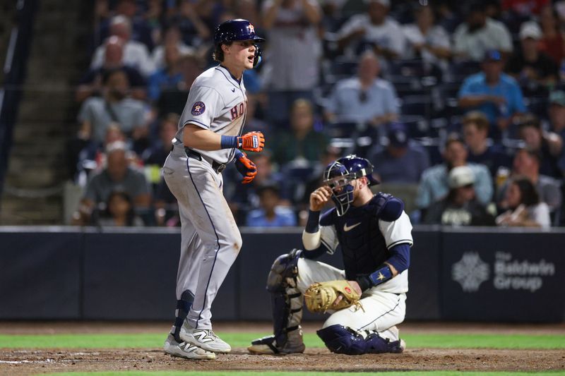 May 19, 2025; Tampa, Florida, USA; Houston Astros center fielder Jake Meyers (6) reacts after hitting a home run against the Tampa Bay Rays in the seventh inning at George M. Steinbrenner Field. Mandatory Credit: Nathan Ray Seebeck-Imagn Images