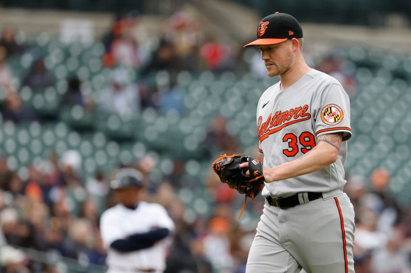 Apr 30, 2023; Detroit, Michigan, USA; Baltimore Orioles starting pitcher Kyle Bradish (39) walks off the field after being relieved in the fifth inning against the Detroit Tigers in the fifth inning against the Detroit Tigers at Comerica Park. Mandatory Credit: Rick Osentoski-USA TODAY Sports