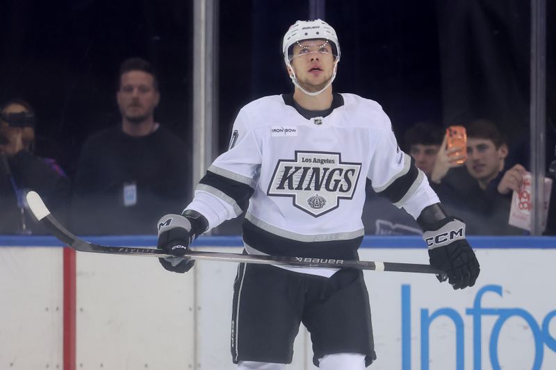 Mar 16, 2026; New York, New York, USA; Los Angeles Kings left wing Artemi Panarin (10) watches a tribute video by the New York Rangers during a time out during the first period at Madison Square Garden. Mandatory Credit: Brad Penner-Imagn Images Mar 16, 2026; New York, New York, USA; Los Angeles Kings left wing Artemi Panarin (10) watches a tribute video by the New York Rangers during a time out during the first period at Madison Square Garden. Mandatory Credit: Brad Penner-Imagn Images