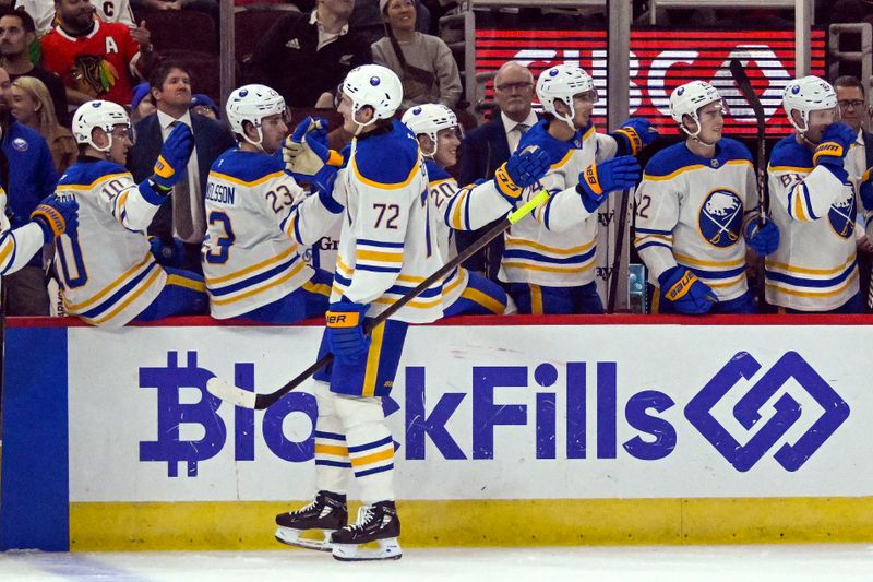 Oct 19, 2024; Chicago, Illinois, USA;  Buffalo Sabres center Tage Thompson (72) celebrates with teammates after scoring against there Chicago Blackhawks during the first period at the United Center. Mandatory Credit: Matt Marton-Imagn Images