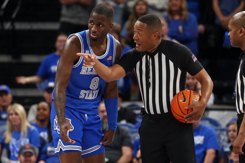 Mar 3, 2024; Memphis, Tennessee, USA; Memphis Tigers forward David Jones (8) reacts toward an official after receiving a technical foul during the first half against the UAB Blazers at FedExForum. Mandatory Credit: Petre Thomas-USA TODAY Sports