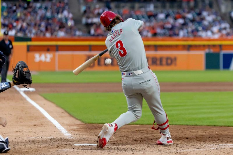 Jun 25, 2024; Detroit, Michigan, USA; Philadelphia Phillies first base Bryce Harper (3) hits a solo home run against the Detroit Tigers at Comerica Park. Mandatory Credit: David Reginek-USA TODAY Sports