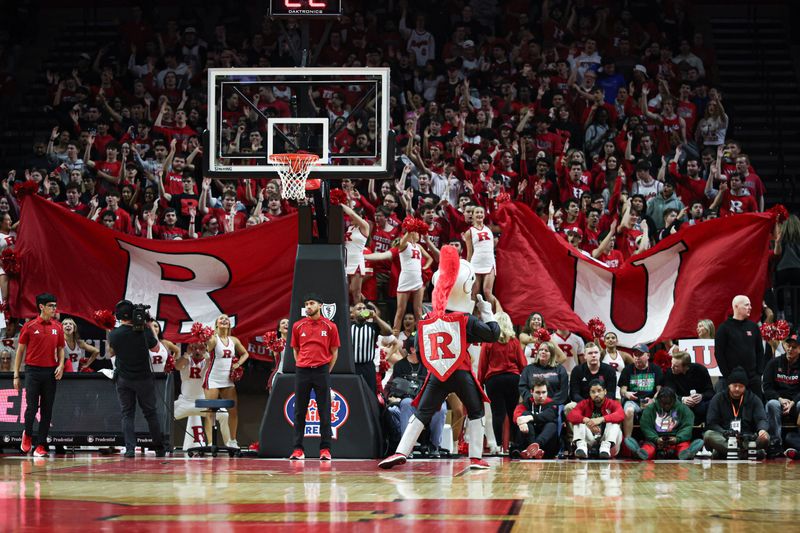 Feb 10, 2024; Piscataway, New Jersey, USA; Rutgers Scarlet Knights fans cheer during the first half of a game between the Scarlet Knights and the Wisconsin Badgers at Jersey Mike's Arena. Mandatory Credit: Vincent Carchietta-USA TODAY Sports