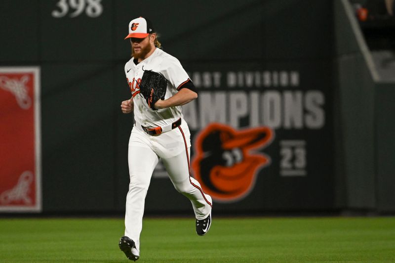 Apr 15, 2024; Baltimore, Maryland, USA;  Baltimore Orioles relief pitcher Craig Kimbrel runs open the field during the ninth inning against the Minnesota Twins at Oriole Park at Camden Yards. Mandatory Credit: Tommy Gilligan-USA TODAY Sports