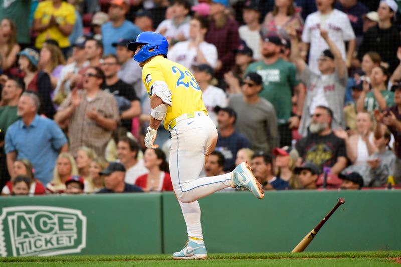 Jun 28, 2025; Boston, Massachusetts, USA; Boston Red Sox first baseman Romy Gonzalez (23) hits a two run home run during the seventh inning against the Toronto Blue Jays at Fenway Park. Mandatory Credit: Bob DeChiara-Imagn Images