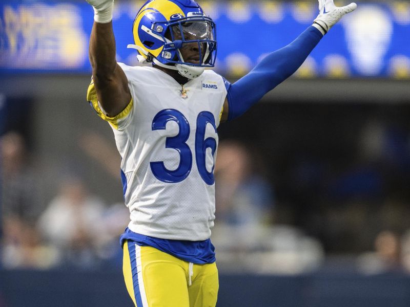 Los Angeles Rams cornerback Grant Haley (36) reacts during an NFL football game against the Dallas Cowboys Sunday, Oct. 9, 2022, in Inglewood, Calif. (AP Photo/Kyusung Gong)