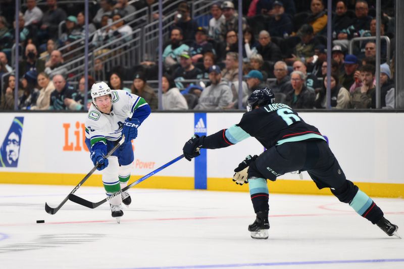 Feb 22, 2024; Seattle, Washington, USA; Vancouver Canucks right wing Brock Boeser (6) passes the puck past Seattle Kraken defenseman Adam Larsson (6) during the third period at Climate Pledge Arena. Mandatory Credit: Steven Bisig-USA TODAY Sports