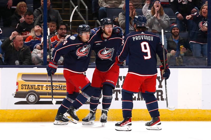 Mar 7, 2024; Columbus, Ohio, USA; Columbus Blue Jackets left wing Alexander Nylander (92) celebrates his goal against the Edmonton Oilers during the first period at Nationwide Arena. Mandatory Credit: Russell LaBounty-USA TODAY Sports