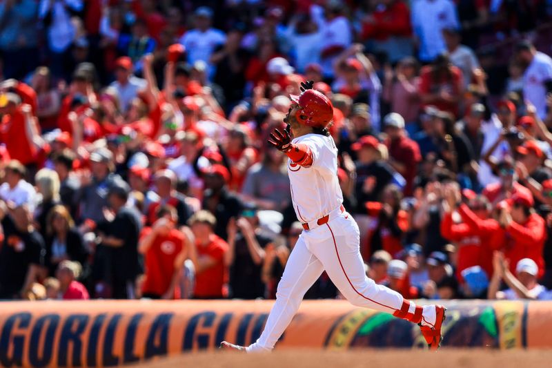 Mar 29, 2026; Cincinnati, Ohio, USA; Cincinnati Reds third baseman Eugenio Suarez (28) reacts after hitting a three-run home run in the sixth inning against the Boston Red Sox at Great American Ball Park. Mandatory Credit: Katie Stratman-Imagn Images