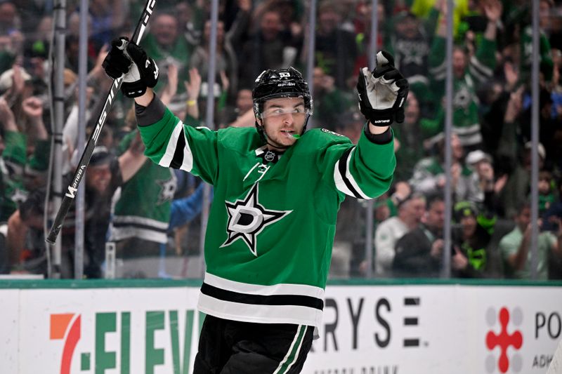 Feb 25, 2026; Dallas, Texas, USA;  Dallas Stars center Wyatt Johnston (53) celebrates after he scores his second goal against the Seattle Kraken during the second period at the American Airlines Center. Mandatory Credit: Jerome Miron-Imagn Images