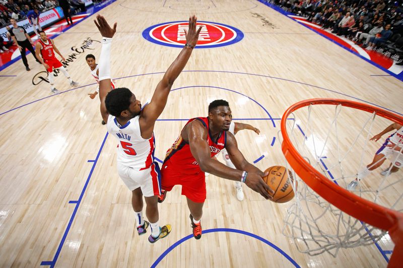 DETROIT, MI - MARCH 24: Zion Williamson #1 of the New Orleans Pelicans drives to the basket during the game against the Detroit Pistons on March 24, 2024 at Little Caesars Arena in Detroit, Michigan. NOTE TO USER: User expressly acknowledges and agrees that, by downloading and/or using this photograph, User is consenting to the terms and conditions of the Getty Images License Agreement. Mandatory Copyright Notice: Copyright 2024 NBAE (Photo by Brian Sevald/NBAE via Getty Images)